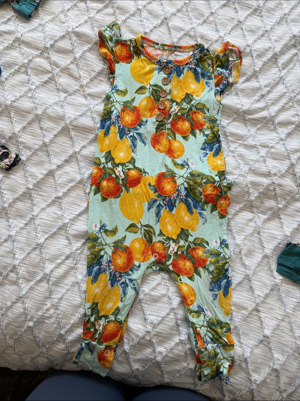 Posh Peanut Mint Green Romper with Yellow & Orange Citrus Print